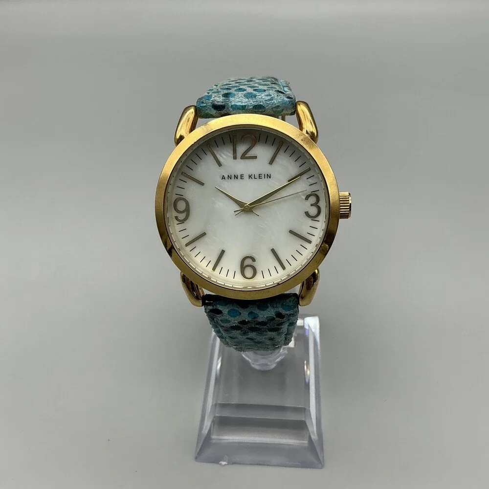 Anne Klein Womens Watch 40mm MOP Dial Gold Tone Blue Leather New Battery